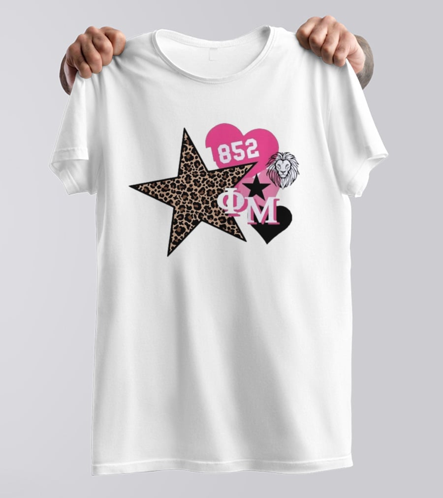 Phi Mu 1852 Leopard Star Lion 852 Pink Heart Sorority T-Shirt
