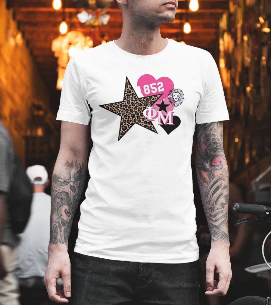 Phi Mu 1852 Leopard Star Lion 852 Pink Heart Sorority T-Shirt