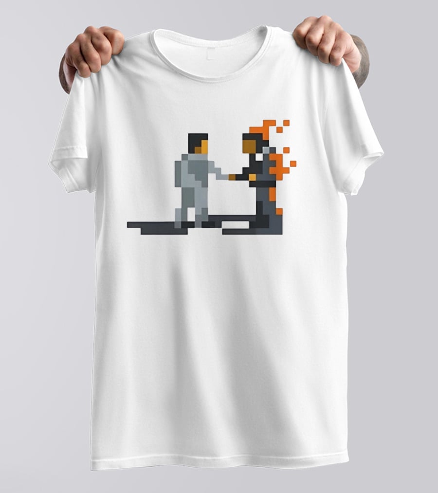 Pink Floyd Wish You Were Here Pixelated Two Men Shaking Hands Flames T-Shirt