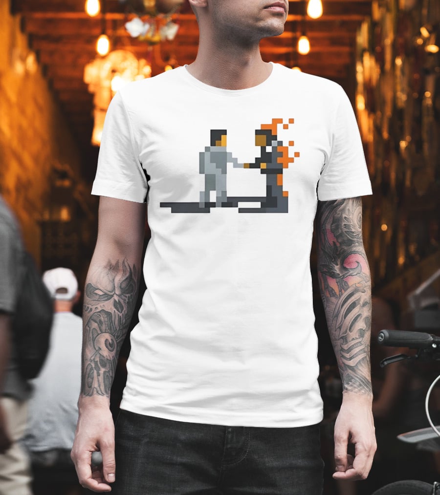 Pink Floyd Wish You Were Here Pixelated Two Men Shaking Hands Flames T-Shirt