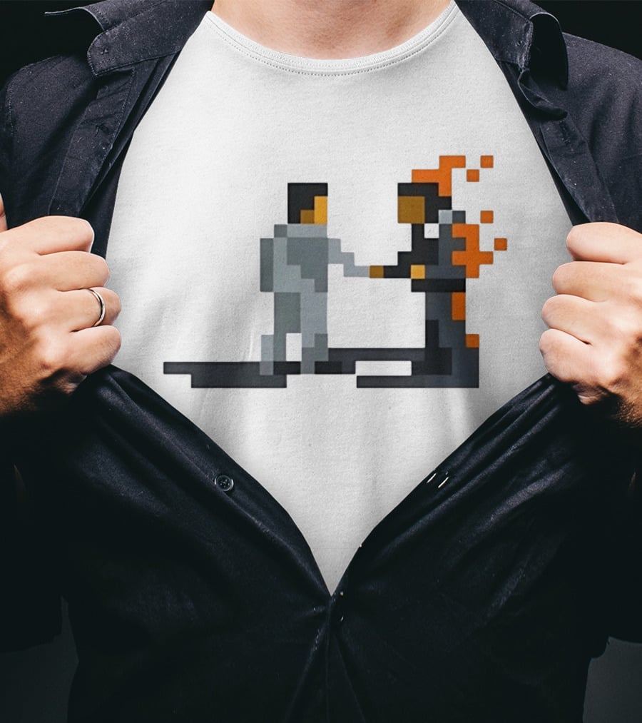Pink Floyd Wish You Were Here Pixelated Two Men Shaking Hands Flames T-Shirt