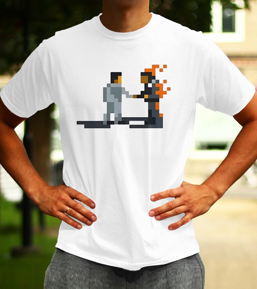 Pink Floyd Wish You Were Here Pixelated Two Men Shaking Hands Flames T-Shirt