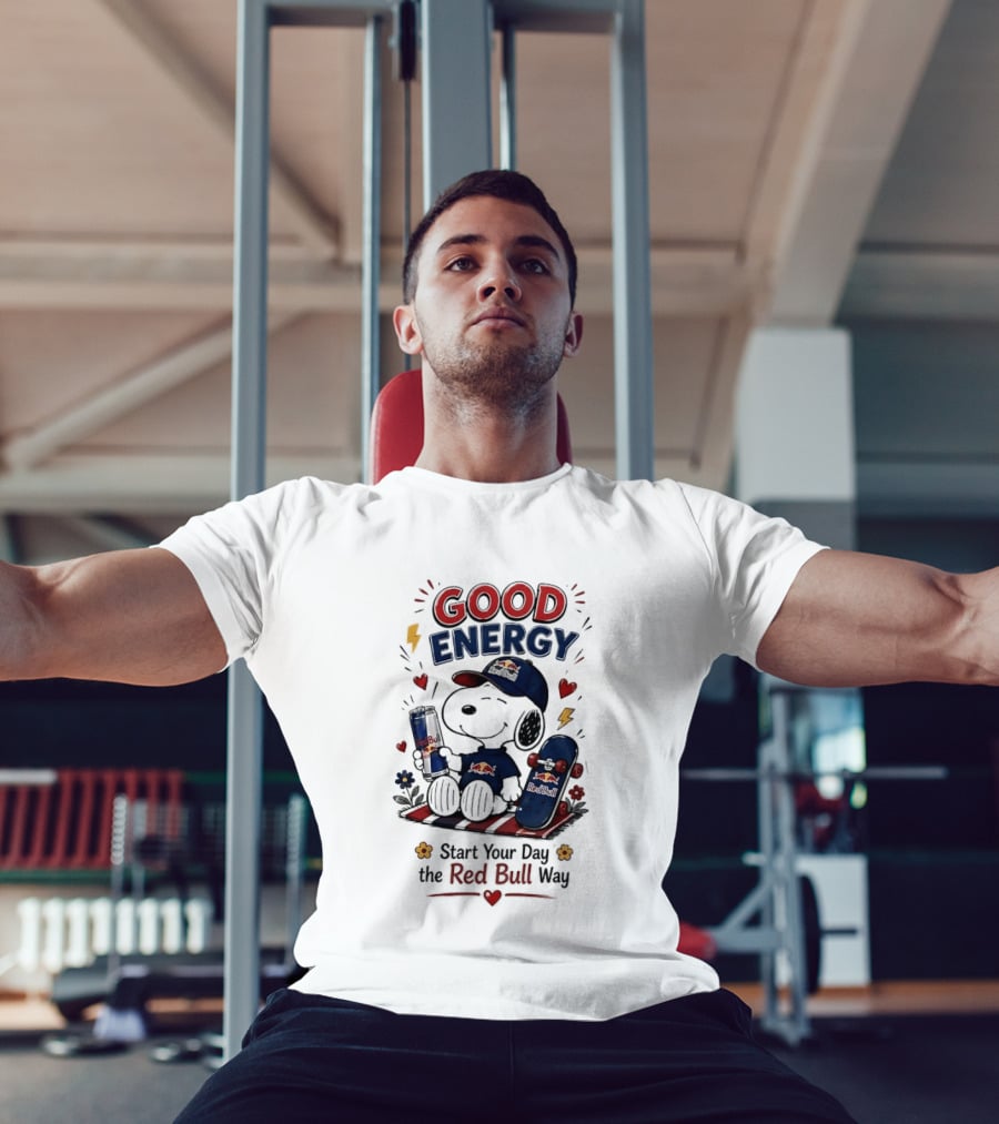 Snoopy Good Energy Start Your Day The Red Bull Way Skateboard And Drink T-Shirt