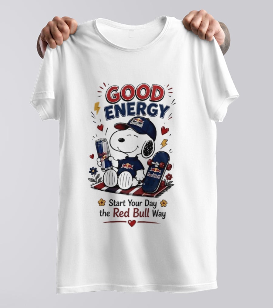 Snoopy Good Energy Start Your Day The Red Bull Way Skateboard And Drink T-Shirt