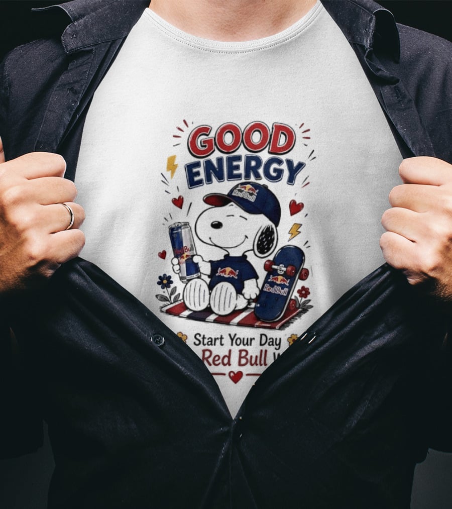 Snoopy Good Energy Start Your Day The Red Bull Way Skateboard And Drink T-Shirt