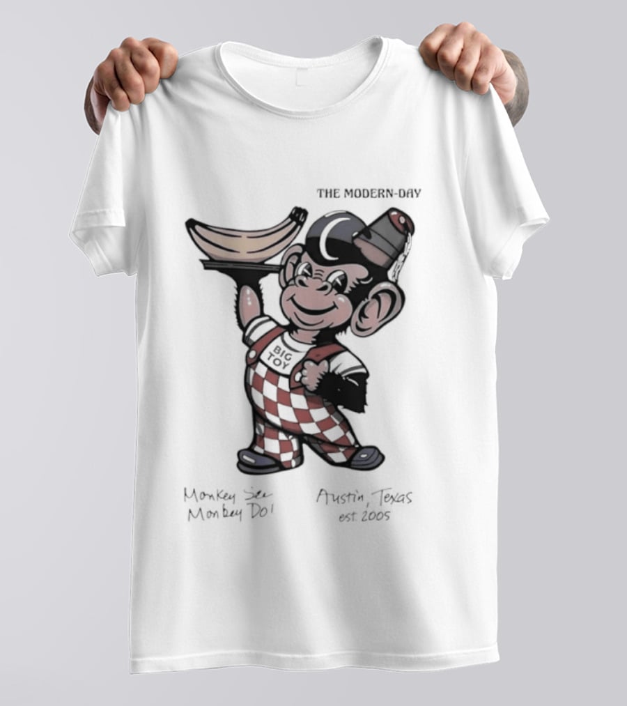 The Modern Day Big Toy Monkey See Monkey Do Austin Texas Est 2005 Vintage Cartoon T-Shirt