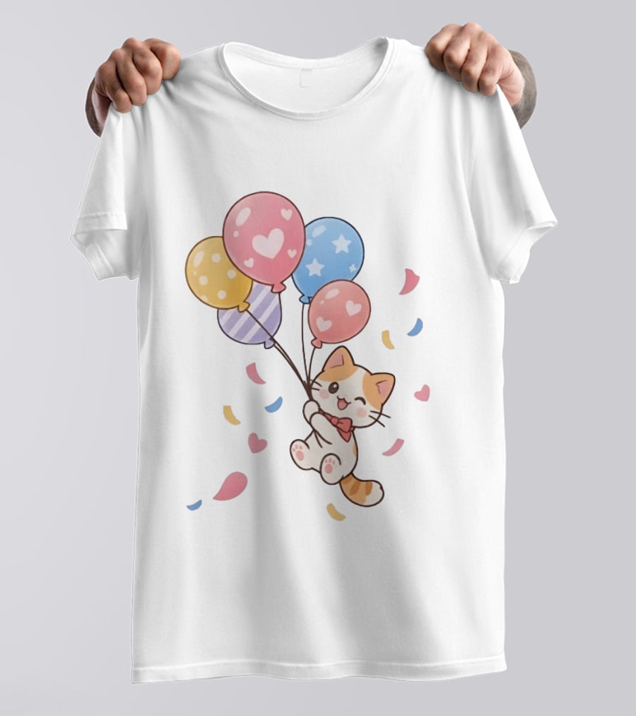 Cat Floating With Colorful Balloons T-Shirt