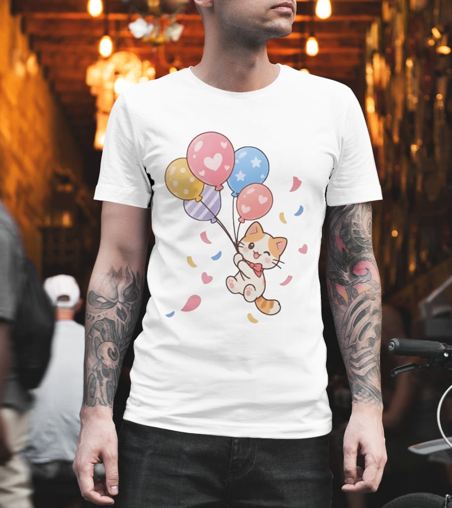 Cat Floating With Colorful Balloons T-Shirt