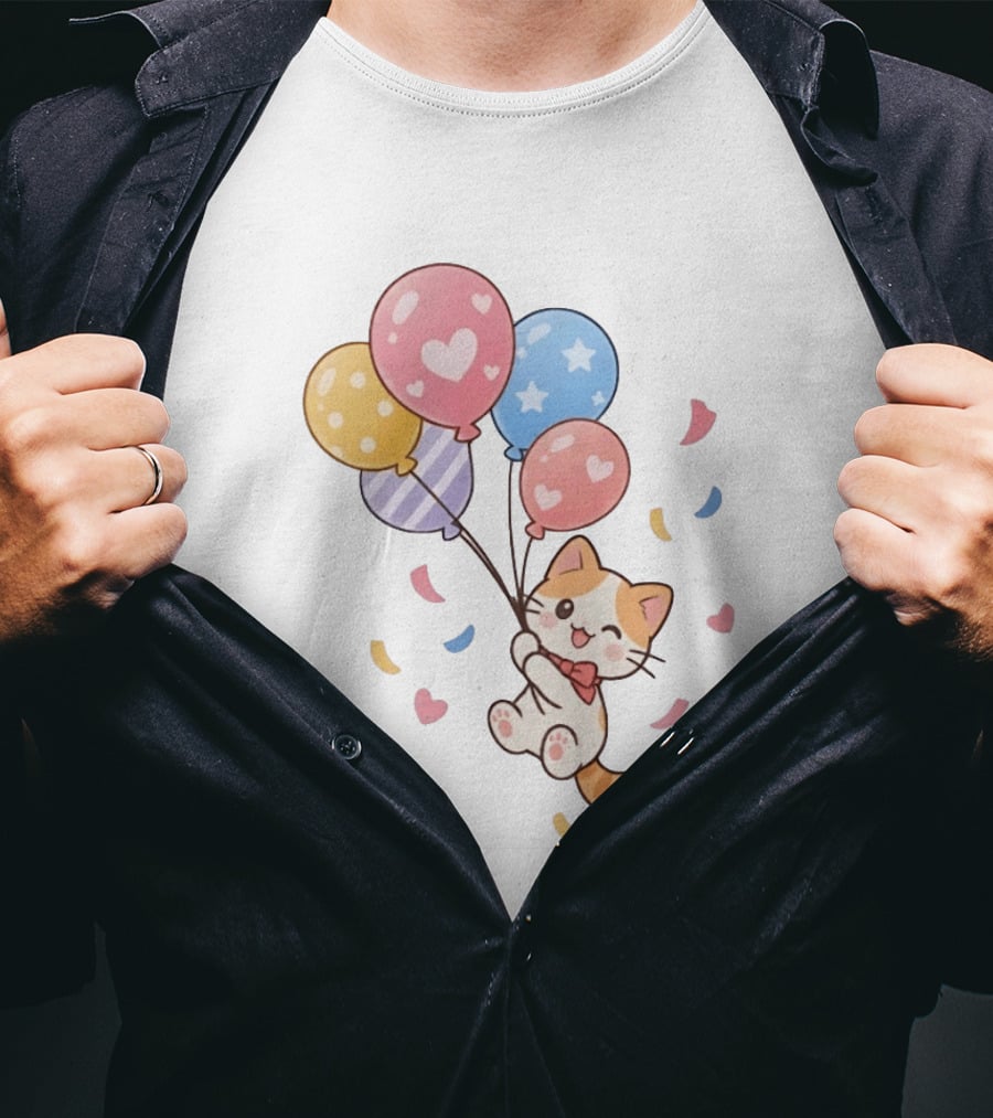 Cat Floating With Colorful Balloons T-Shirt