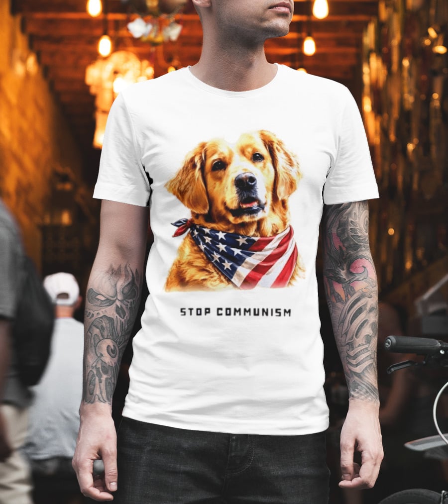 Golden Retriever Wearing American Flag Bandana Stop Communism T-Shirt