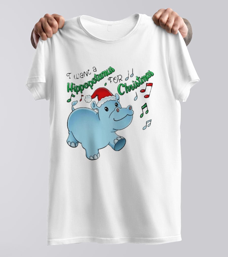 Inktastic I Want A Hippopotamus For Christmas Hippo In Santa Hat T-Shirt