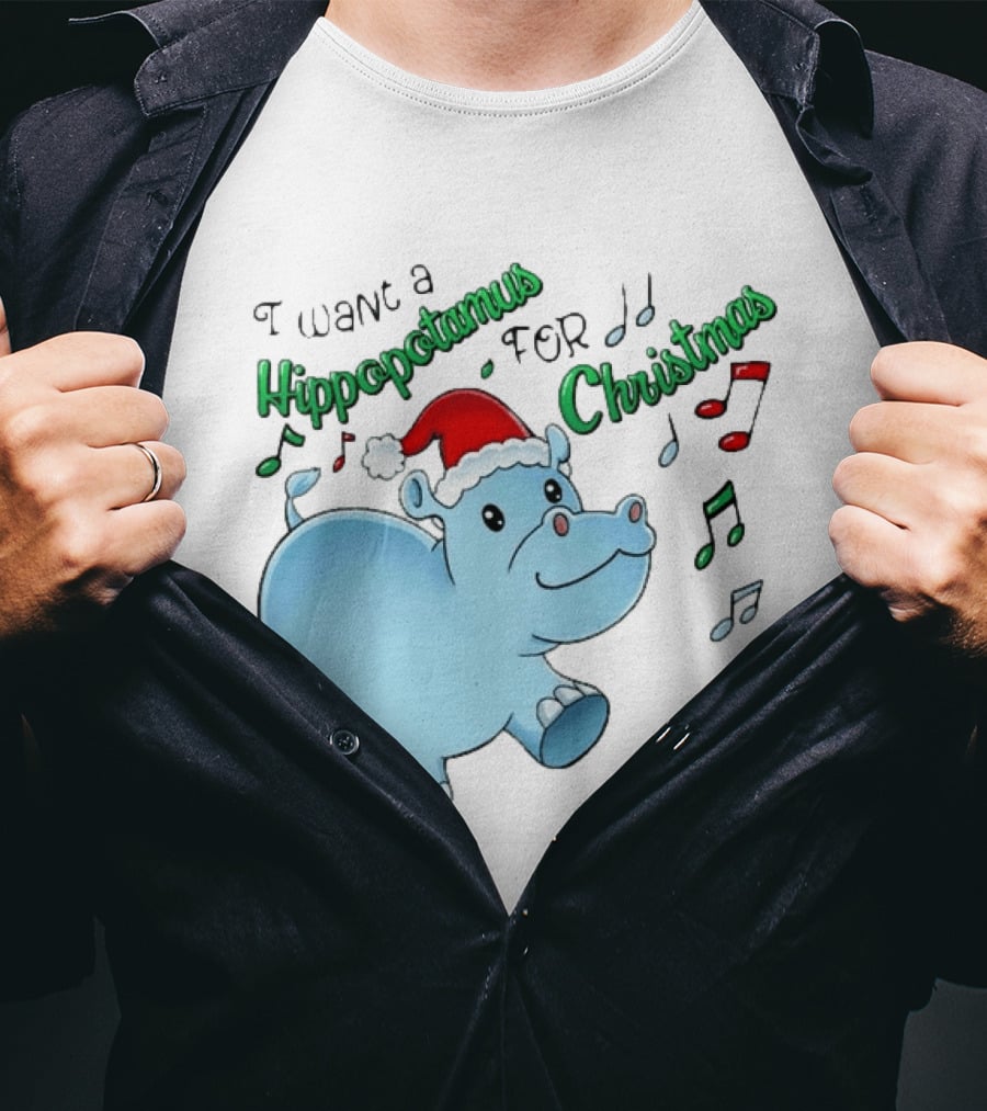Inktastic I Want A Hippopotamus For Christmas Hippo In Santa Hat T-Shirt