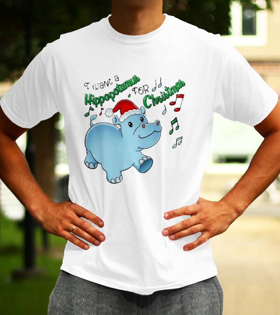 Inktastic I Want A Hippopotamus For Christmas Hippo In Santa Hat T-Shirt