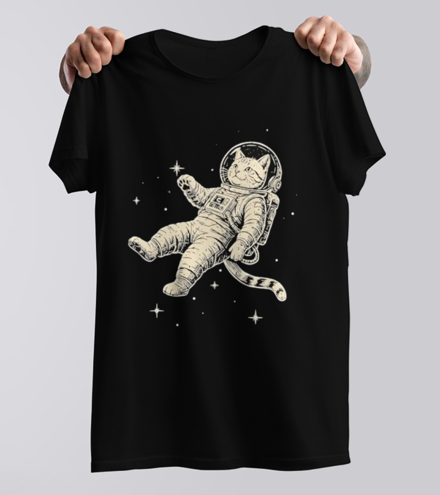 Astronaut Cat Floating In Space With Stars And Helmet T-Shirt