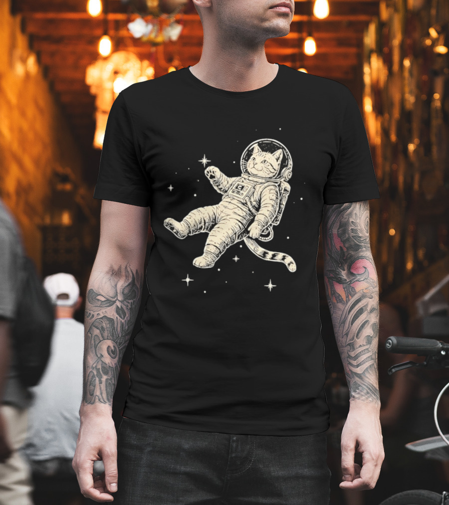 Astronaut Cat Floating In Space With Stars And Helmet T-Shirt