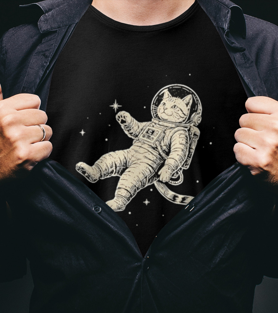 Astronaut Cat Floating In Space With Stars And Helmet T-Shirt