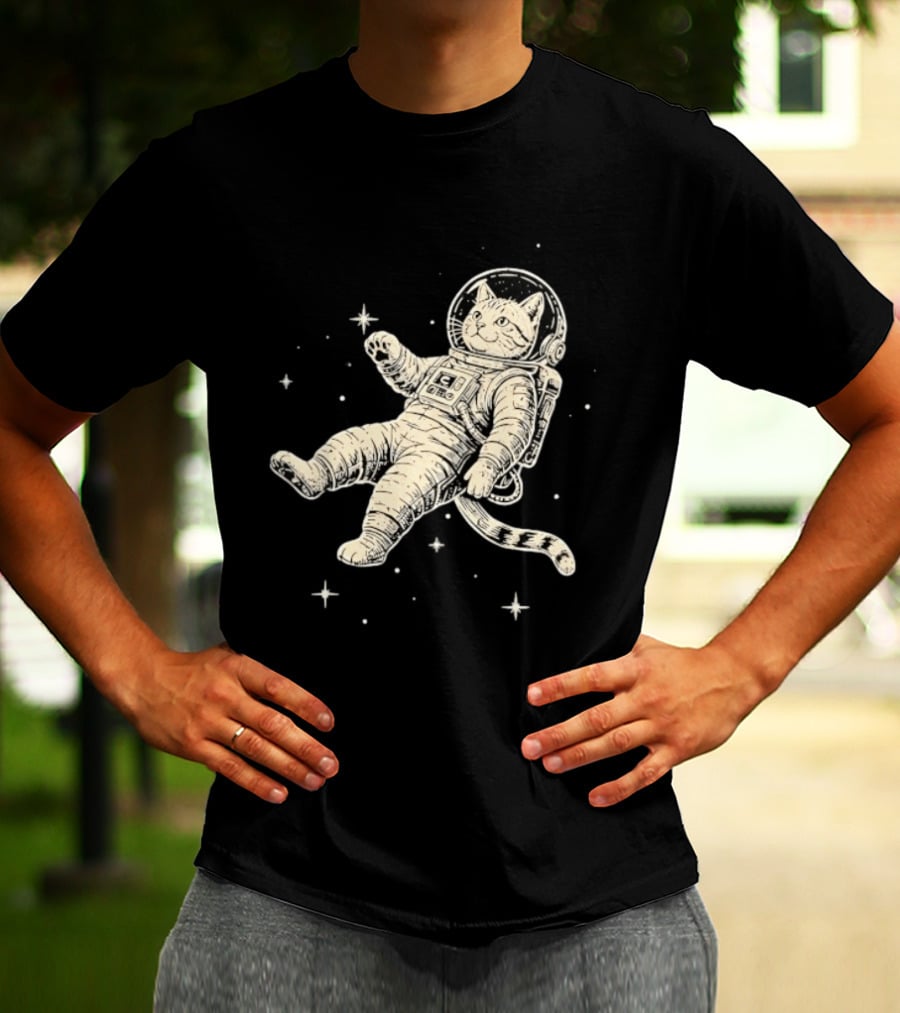 Astronaut Cat Floating In Space With Stars And Helmet T-Shirt