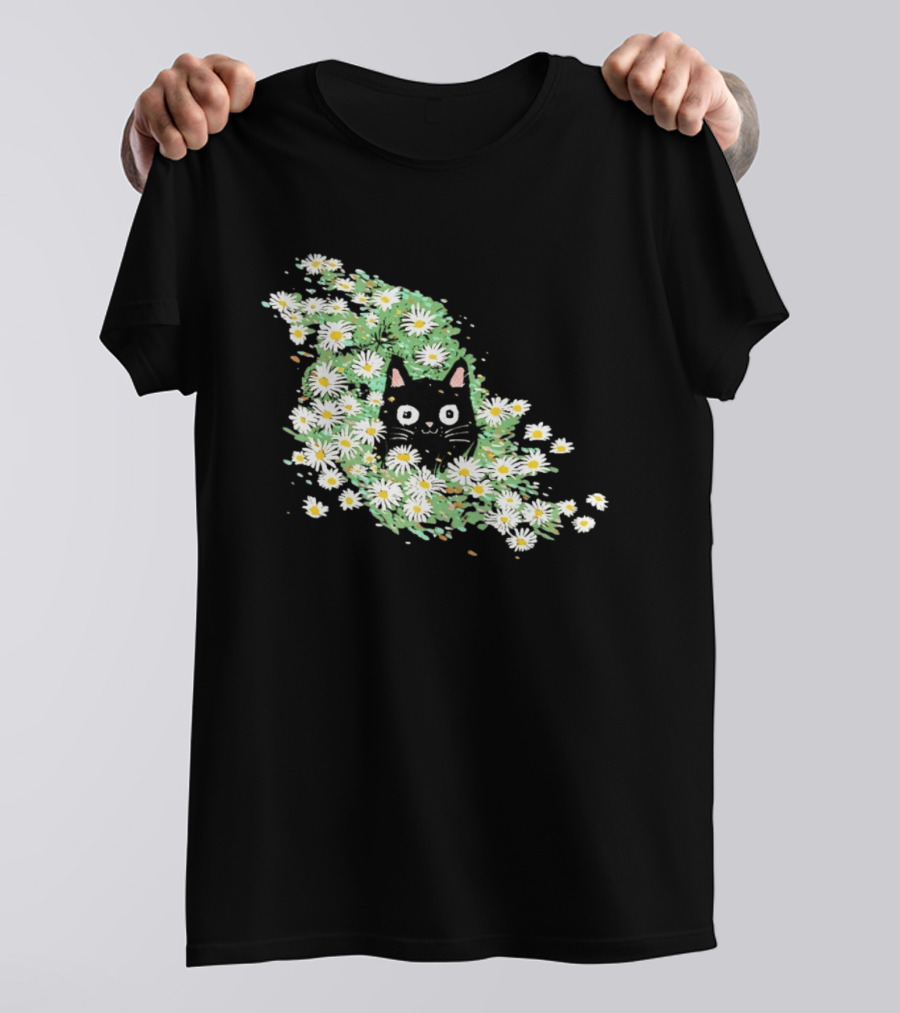Black Cat Surrounded By Daisies In A Field T-Shirt