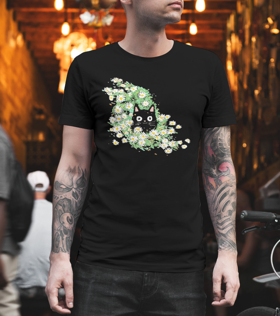 Black Cat Surrounded By Daisies In A Field T-Shirt