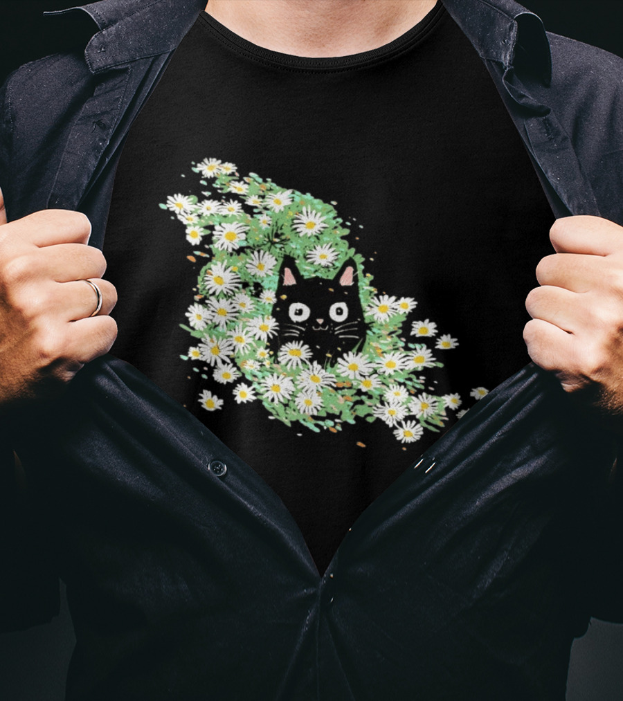 Black Cat Surrounded By Daisies In A Field T-Shirt