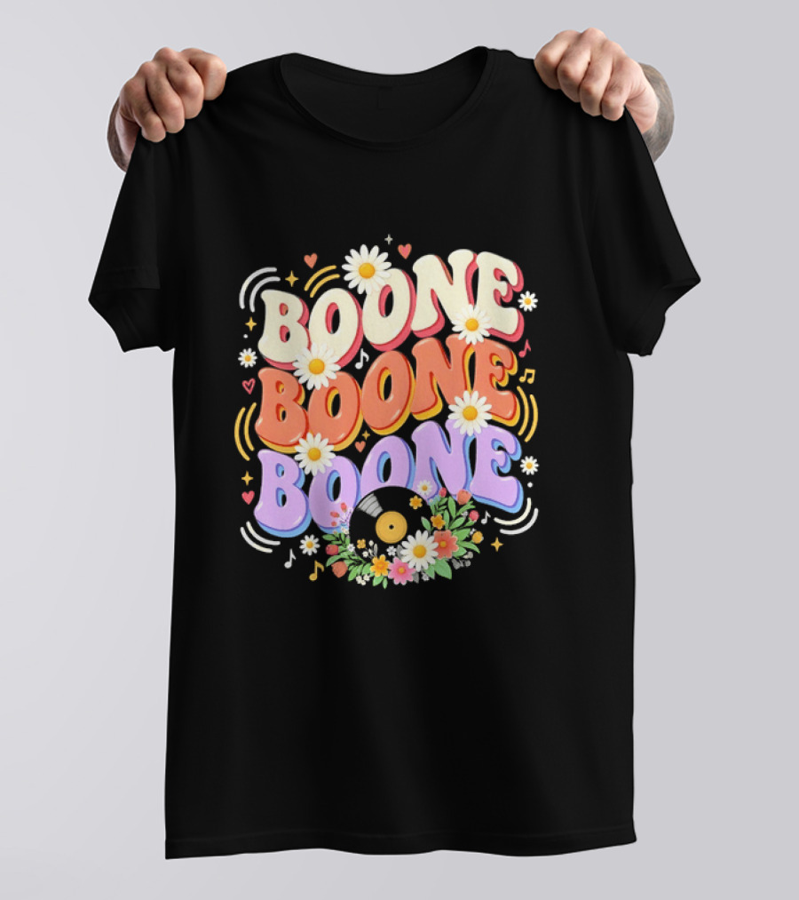 Boone Floral Vinyl Record Music Lover Colorful Daisy Notes Hearts T-Shirt