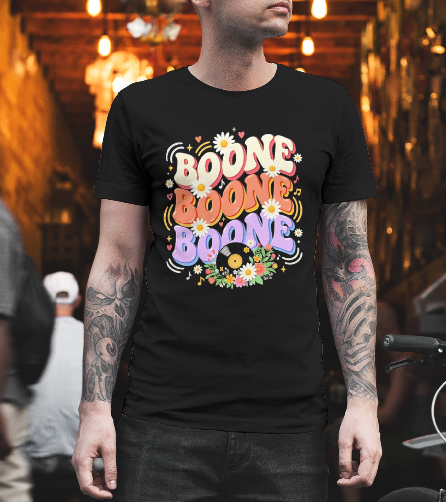 Boone Floral Vinyl Record Music Lover Colorful Daisy Notes Hearts T-Shirt