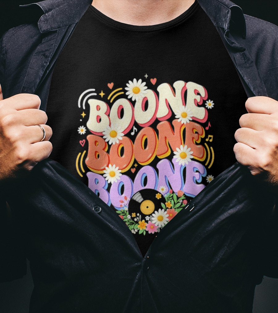 Boone Floral Vinyl Record Music Lover Colorful Daisy Notes Hearts T-Shirt