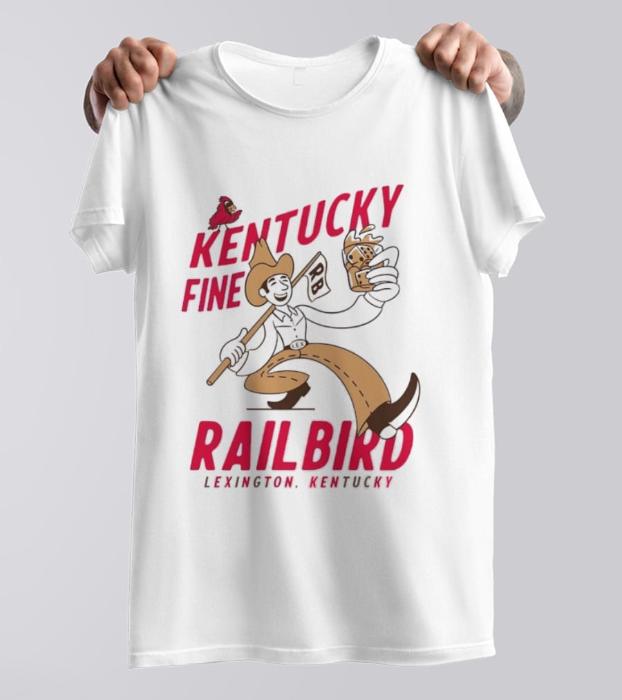 Kentucky Fine Railbird Lexington Kentucky Cowboy With Trophy And Cardinal T-Shirt
