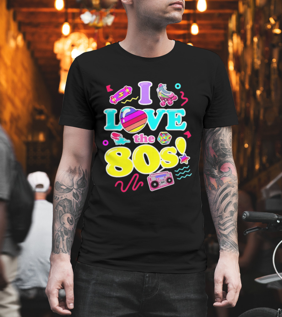 I Love The 80s Nostalgia Roller Skates Boombox Rubik's Cube Retro Fun T-Shirt
