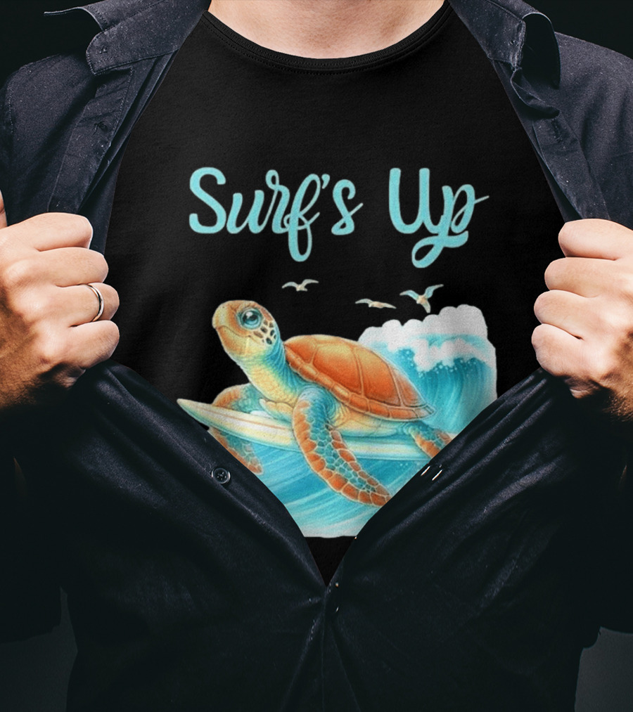 Surf's Up Turtle Riding Surfboard On Big Wave T-Shirt