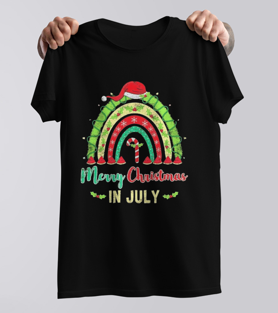 Merry Christmas In July Distressed Rainbow With Santa Hat And Candy Cane T-Shirt