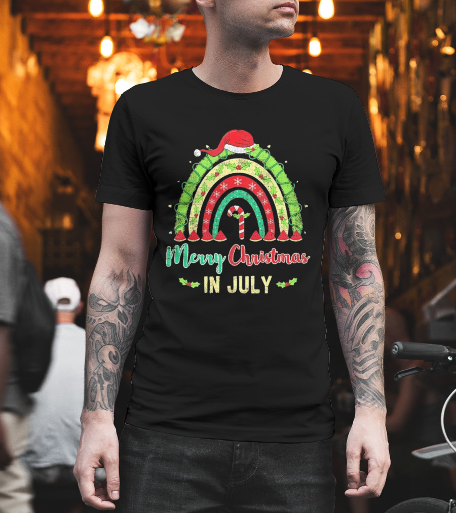 Merry Christmas In July Distressed Rainbow With Santa Hat And Candy Cane T-Shirt