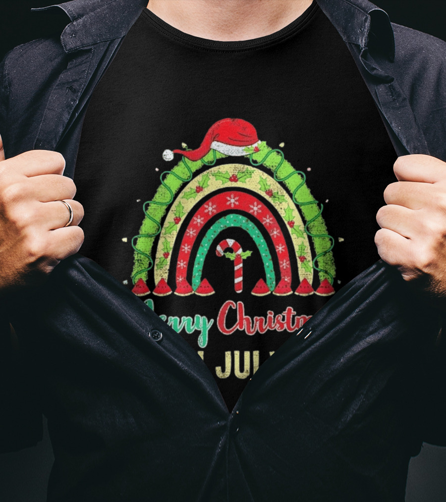 Merry Christmas In July Distressed Rainbow With Santa Hat And Candy Cane T-Shirt