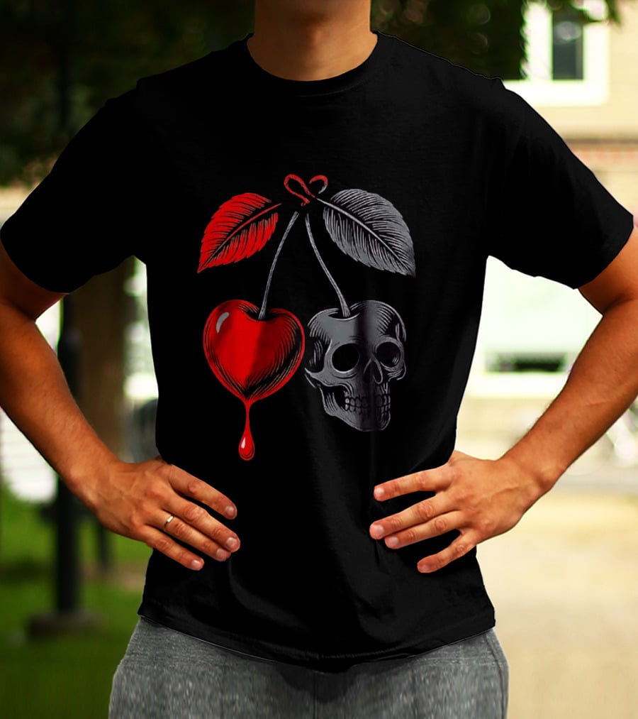 Bleeding Cherry Skull Memento Mori Gothic Macabre Dark Fruit T-Shirt