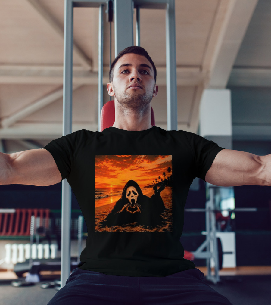 Ghostface Heart Hands Beach Sunset Halloween 2026 T-Shirt