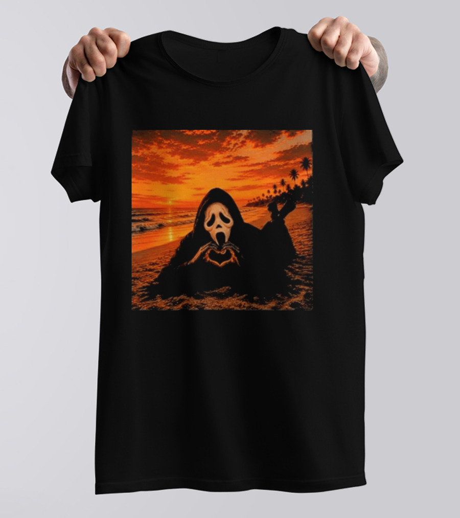 Ghostface Heart Hands Beach Sunset Halloween 2026 T-Shirt