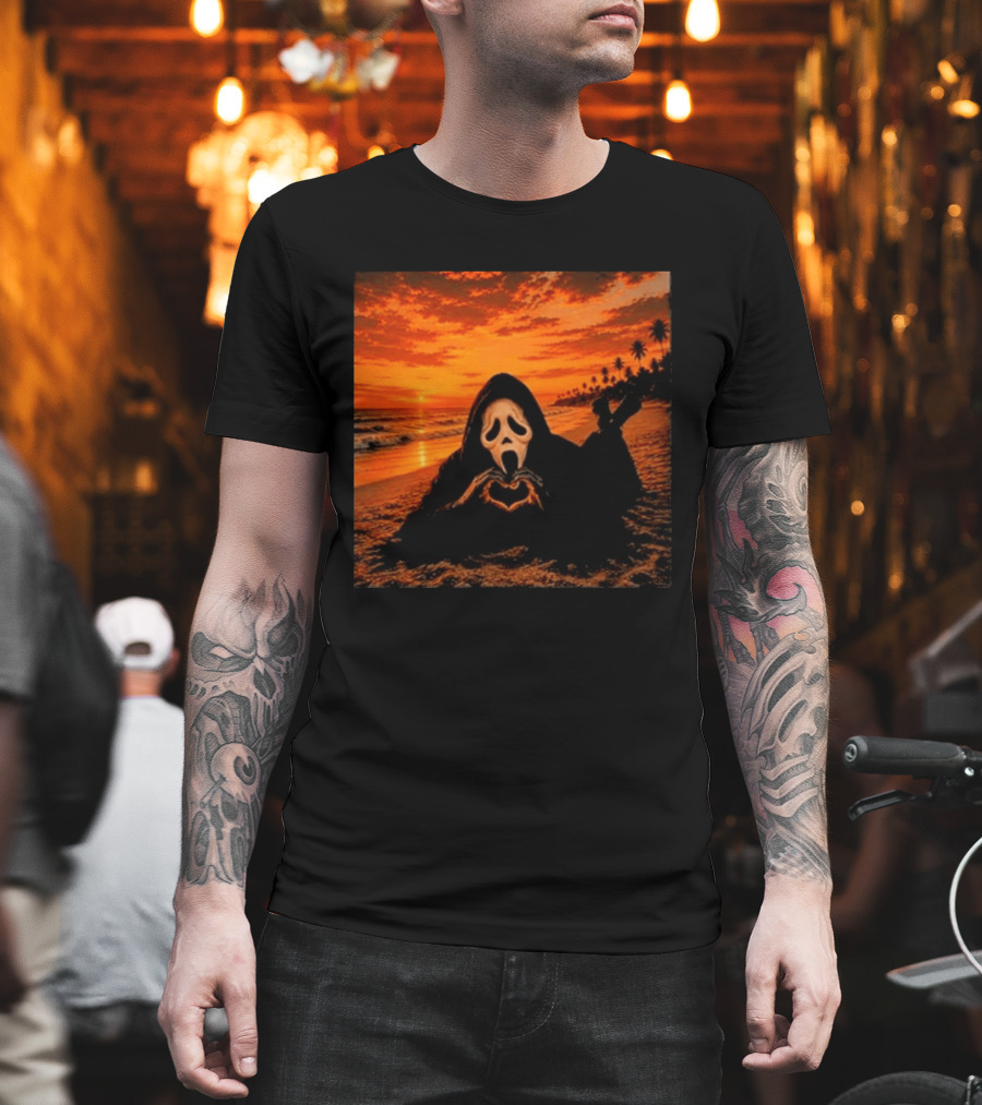 Ghostface Heart Hands Beach Sunset Halloween 2026 T-Shirt