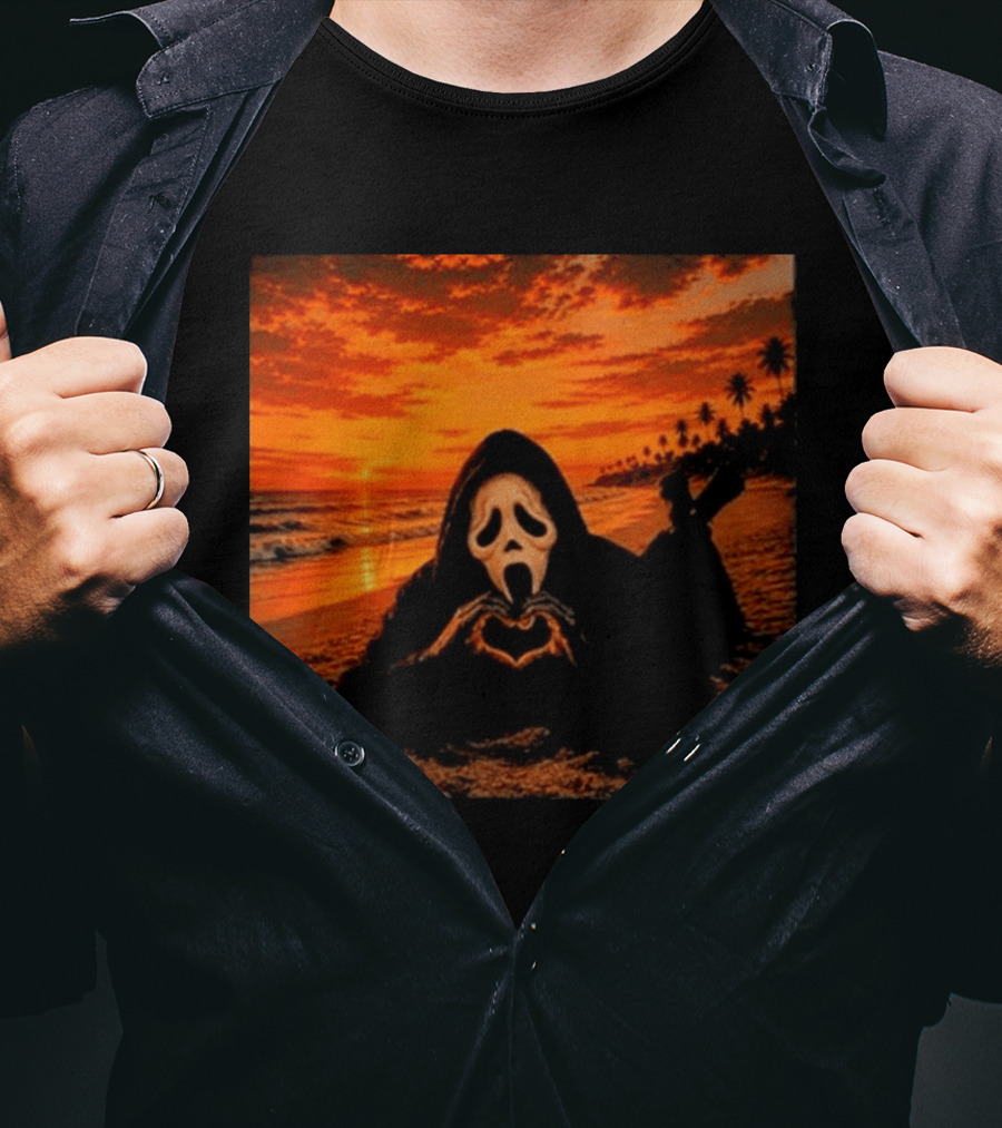 Ghostface Heart Hands Beach Sunset Halloween 2026 T-Shirt