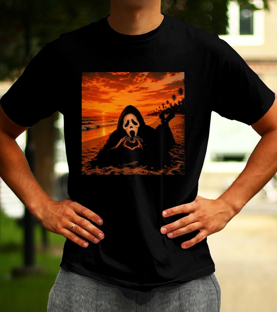 Ghostface Heart Hands Beach Sunset Halloween 2026 T-Shirt