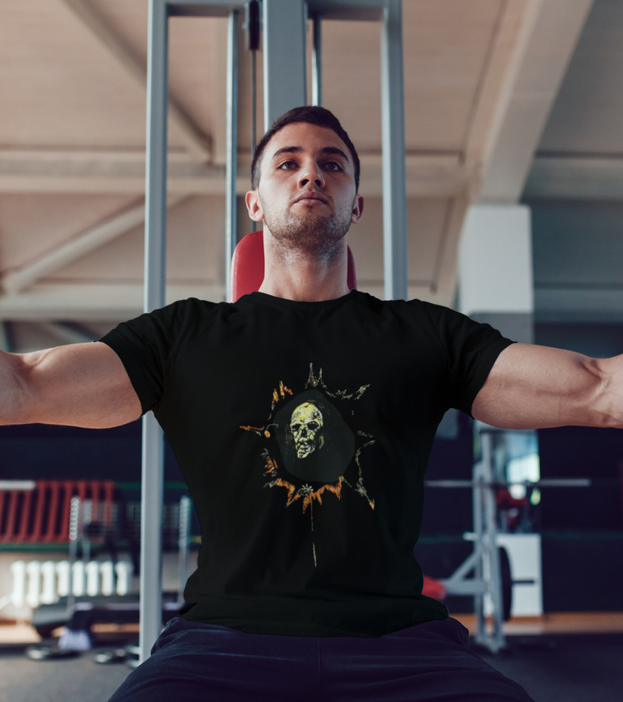 Yellow Spiky Sunburst Frame Hooded Skull Face Distressed Sketch T-Shirt