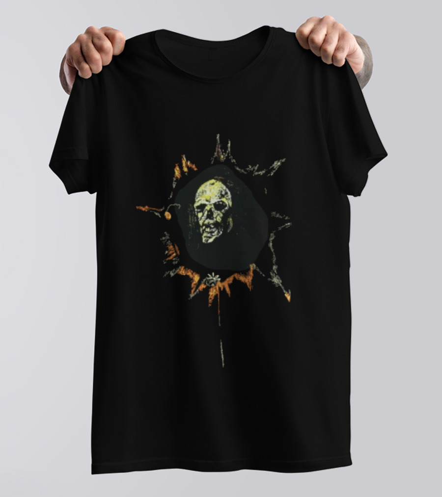 Yellow Spiky Sunburst Frame Hooded Skull Face Distressed Sketch T-Shirt
