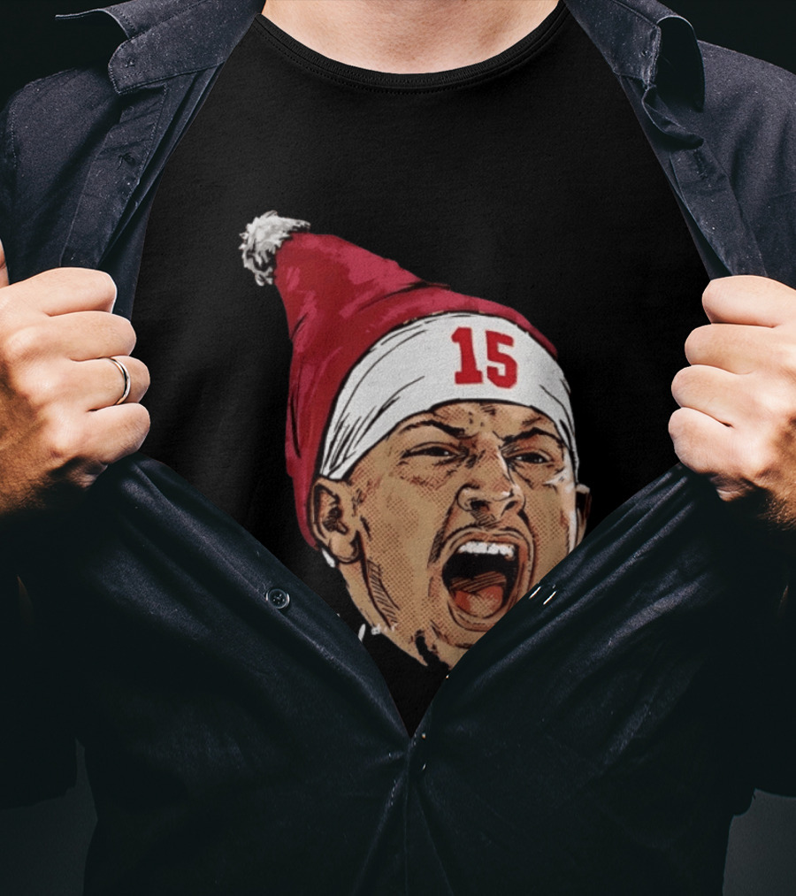 Pat Mahomes Screaming Face Red Santa Hat Number 15 Halftone Caricature T-Shirt