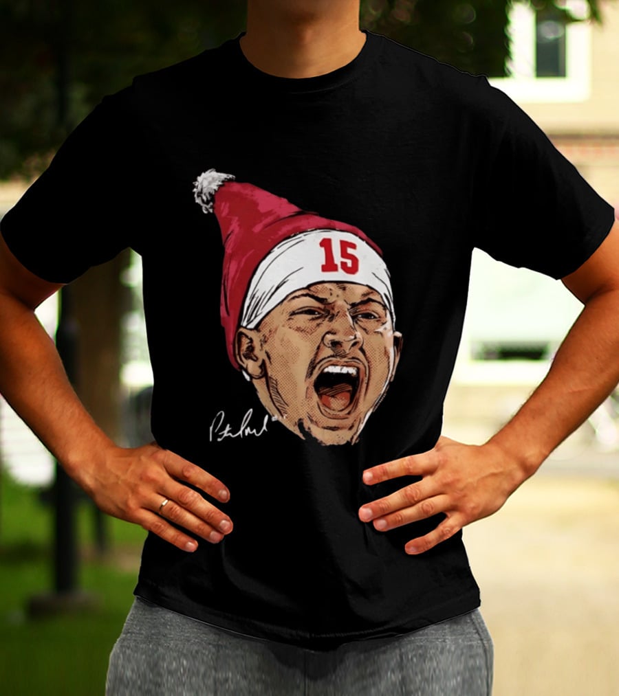 Pat Mahomes Screaming Face Red Santa Hat Number 15 Halftone Caricature T-Shirt