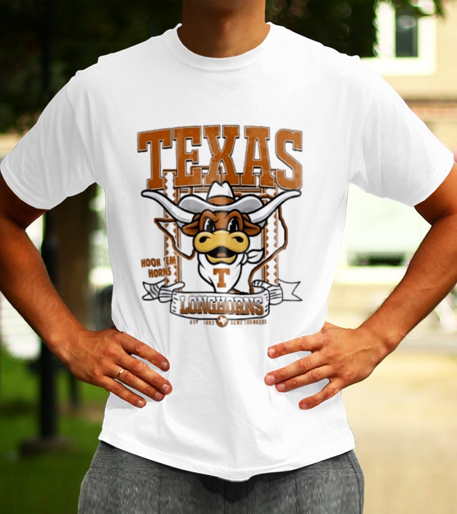 Texas Longhorns Hook Em Horns Game Changers Est 1883 State Map Cartoon T-Shirt