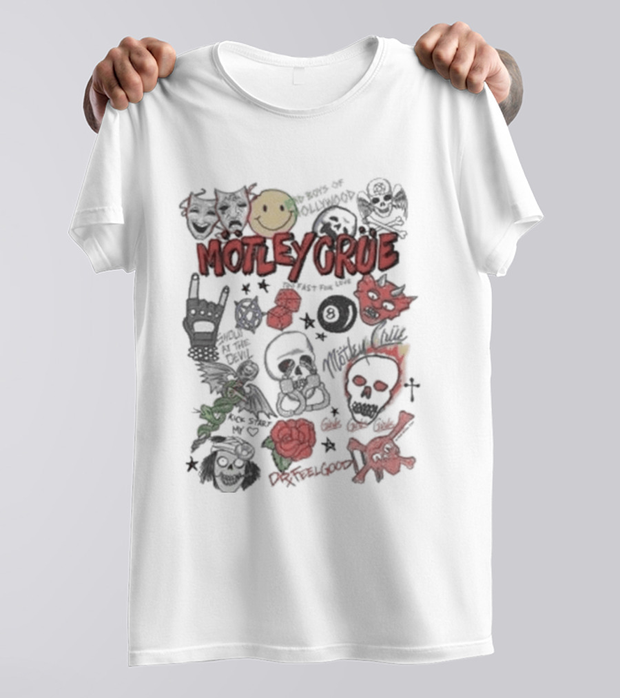 Motley Crue Album Doodle Collage Smiley Skull Roses Punk Rock T-Shirt