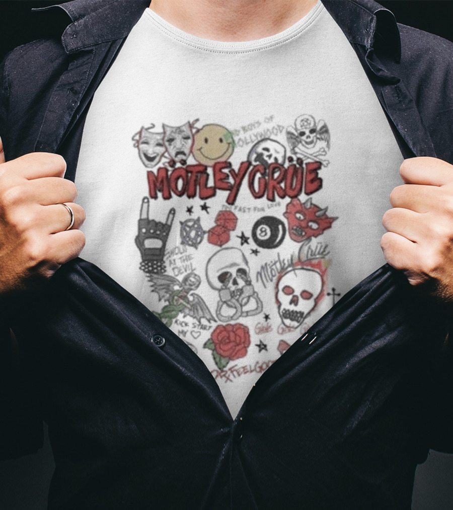 Motley Crue Album Doodle Collage Smiley Skull Roses Punk Rock T-Shirt
