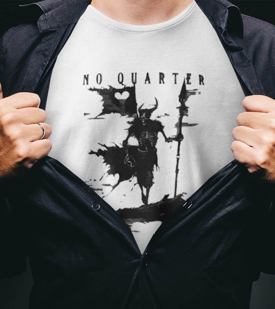 No Quarter Distressed Skeleton Warrior Dark Fantasy T-Shirt