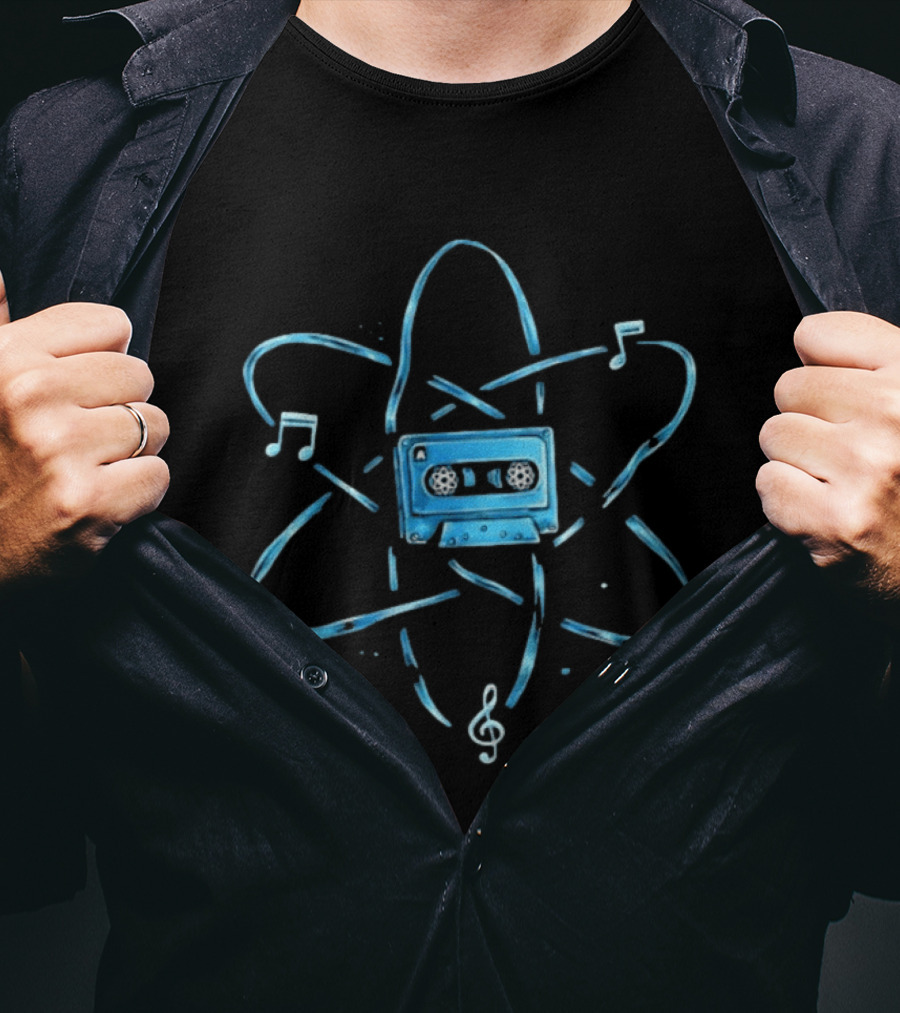 Atomic Cassette Tape Surrounded By Musical Notes And Atomic T-Shirt