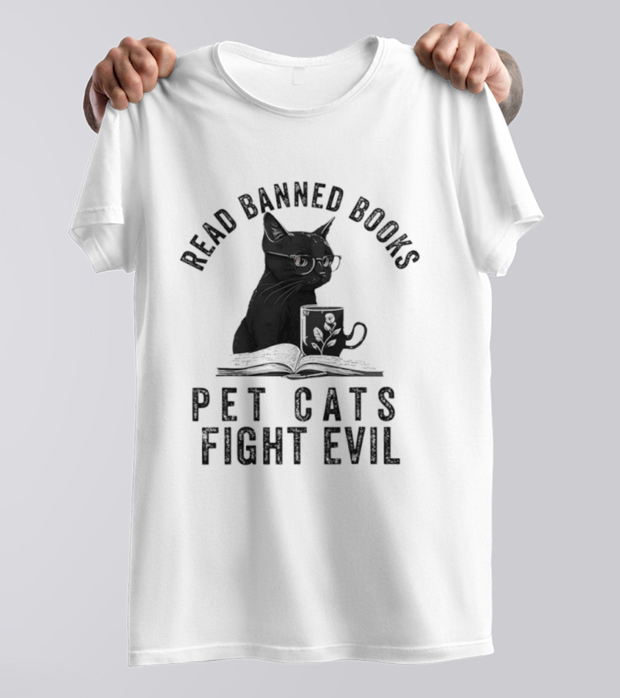 Read Banned Books Pet Cats Fight Evil Black Cat Reading T-Shirt