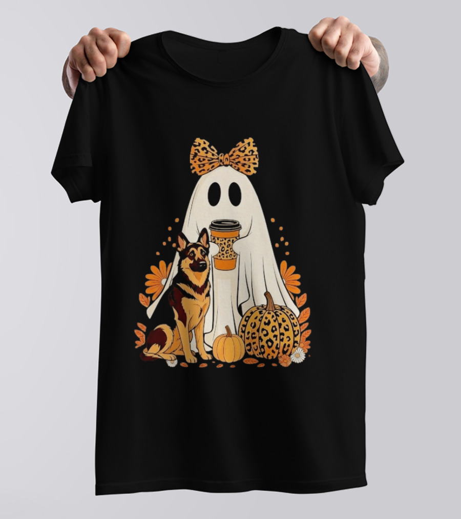 German Shepherd Ghost Leopard Pumpkin Coffee Halloween Bow T-Shirt